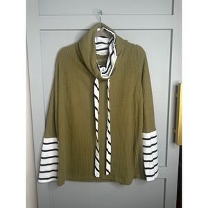 ANDTHEWHY 2X Cowl Neck Striped Olive‎ Green Waffle Knit Pullover Top Blouse
